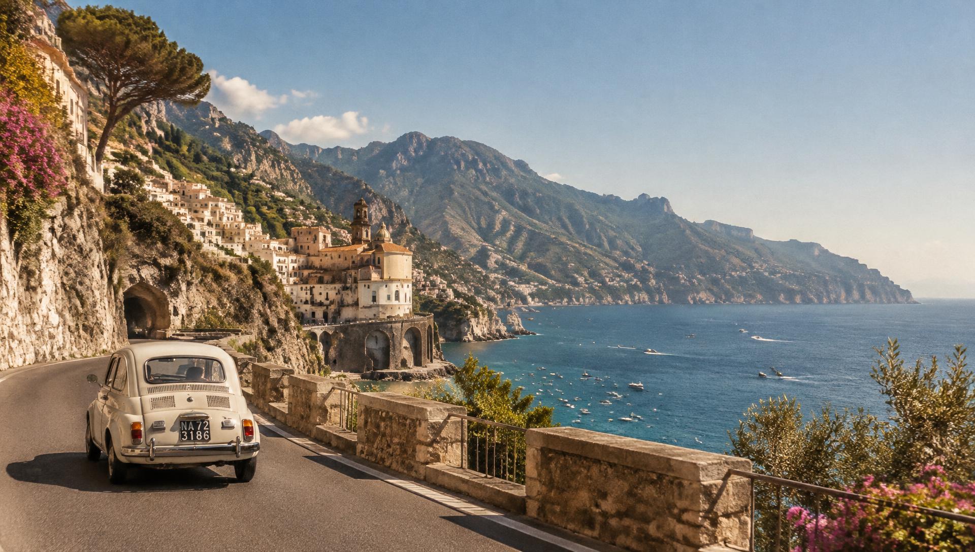 Vintage Italian car on a Mediterranean coastal road